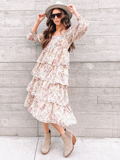 WOMEN'S 3/4 SLEEVE FLORAL RUFFLE LAYERED MIDI DRESS