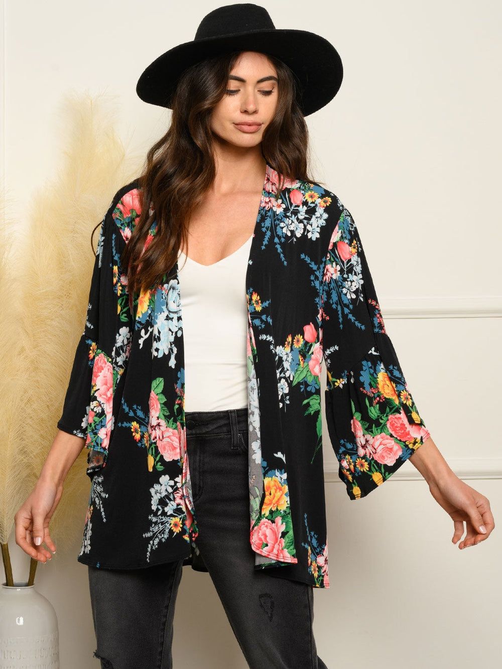 WOMEN'S 3/4 BELL SLEEVE OPEN FLORAL CARDIGAN