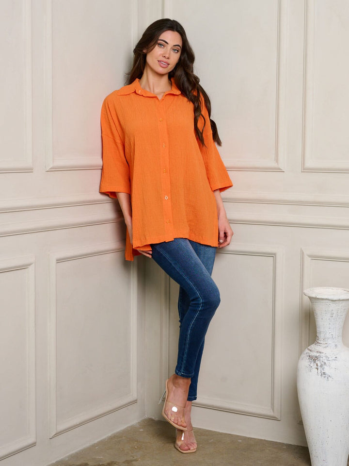 WOMEN'S SHORT SLEEVE BUTTON UP OVERSIZE TOP