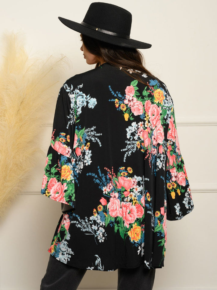 WOMEN'S 3/4 BELL SLEEVE OPEN FLORAL CARDIGAN