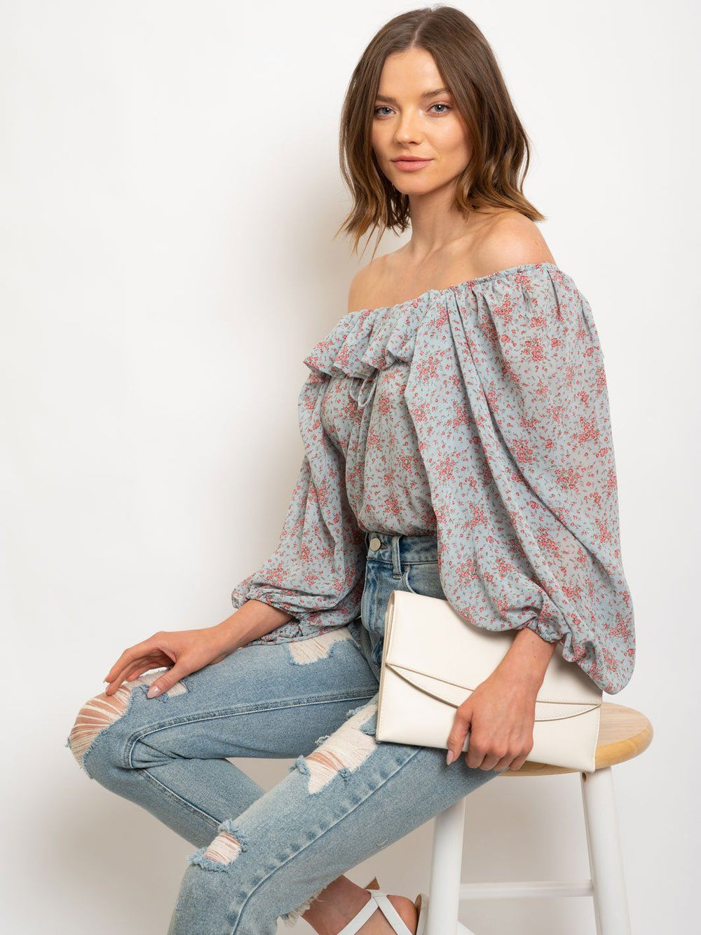 WOMEN'S DITSY CHIFFON SQUARE NECK PEASANT TOP