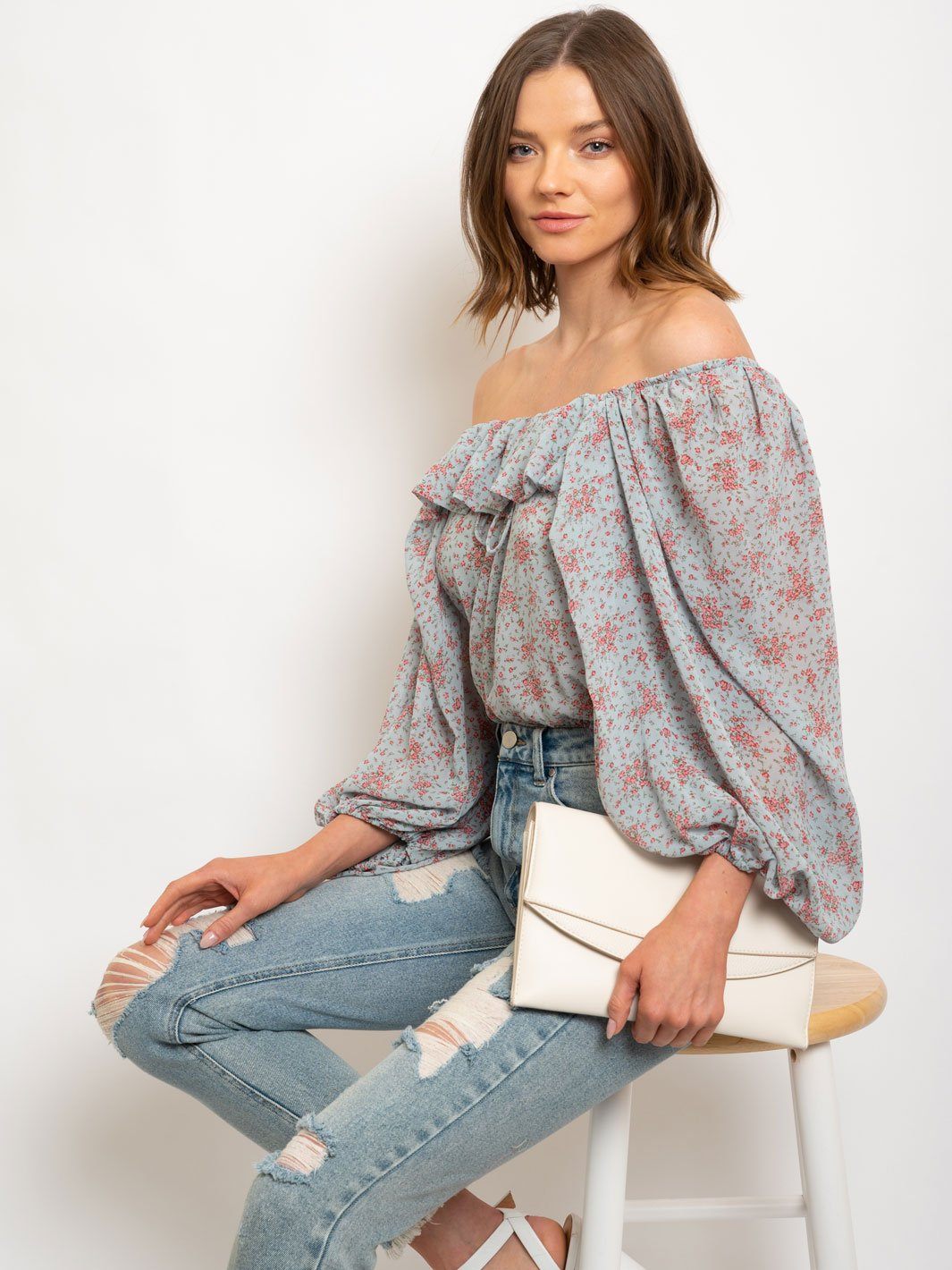 WOMEN'S DITSY CHIFFON SQUARE NECK PEASANT TOP