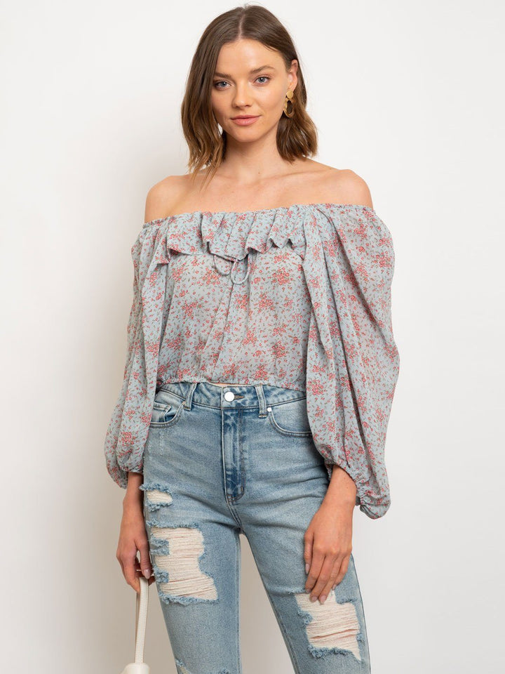 WOMEN'S DITSY CHIFFON SQUARE NECK PEASANT TOP