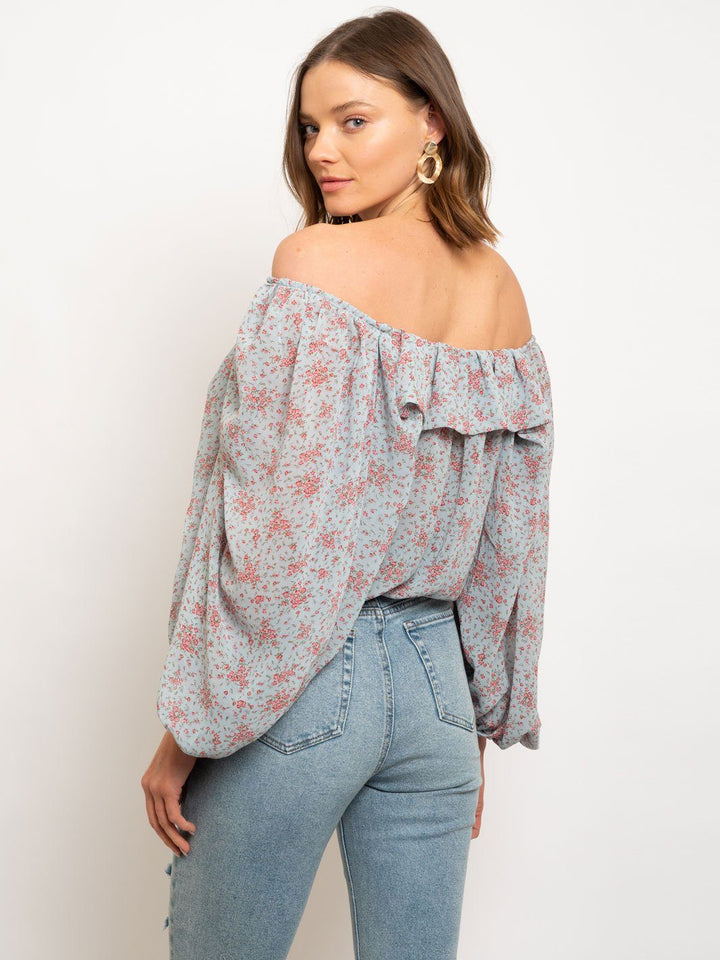 WOMEN'S DITSY CHIFFON SQUARE NECK PEASANT TOP