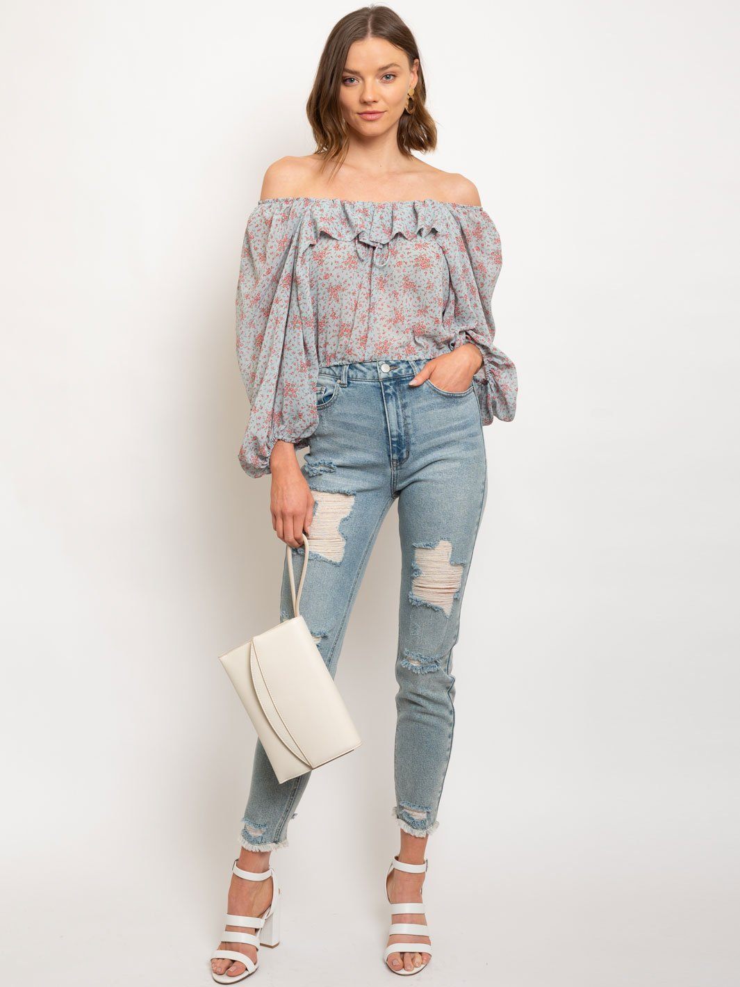 WOMEN'S DITSY CHIFFON SQUARE NECK PEASANT TOP