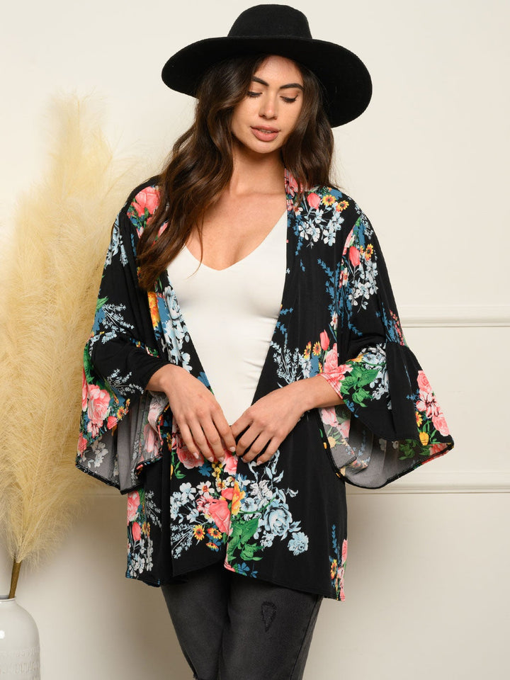 WOMEN'S 3/4 BELL SLEEVE OPEN FLORAL CARDIGAN