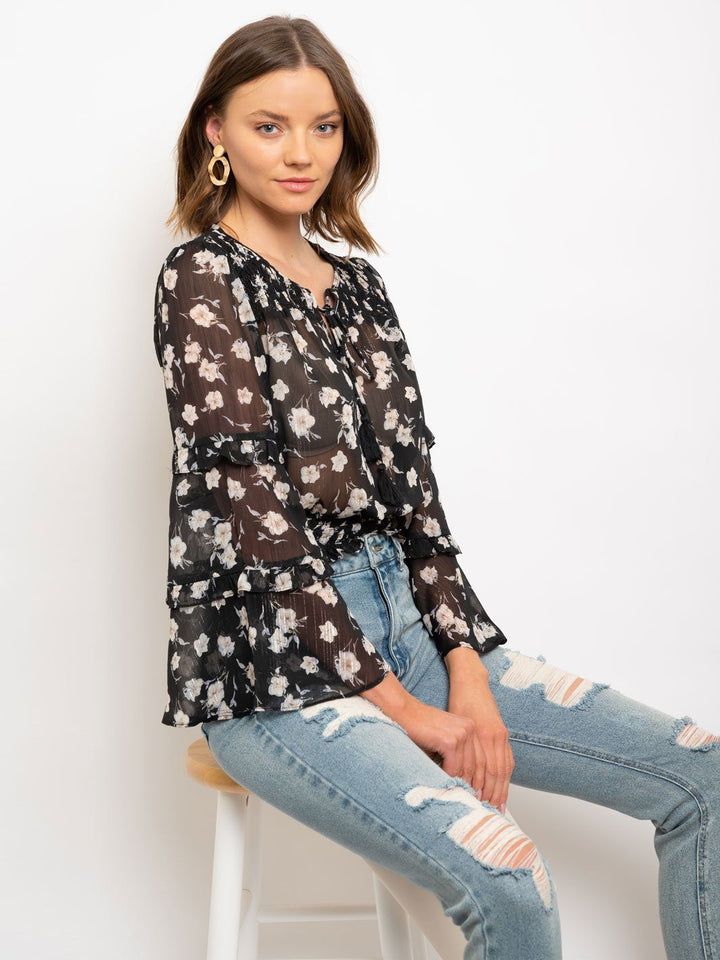 WOMEN'S LUREX CHIFFON PRINTED SMOCKING DETAILED TOP