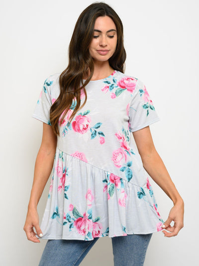 WOMEN'S SHORT SLEEVE FLORAL PRINT TIERED TOP