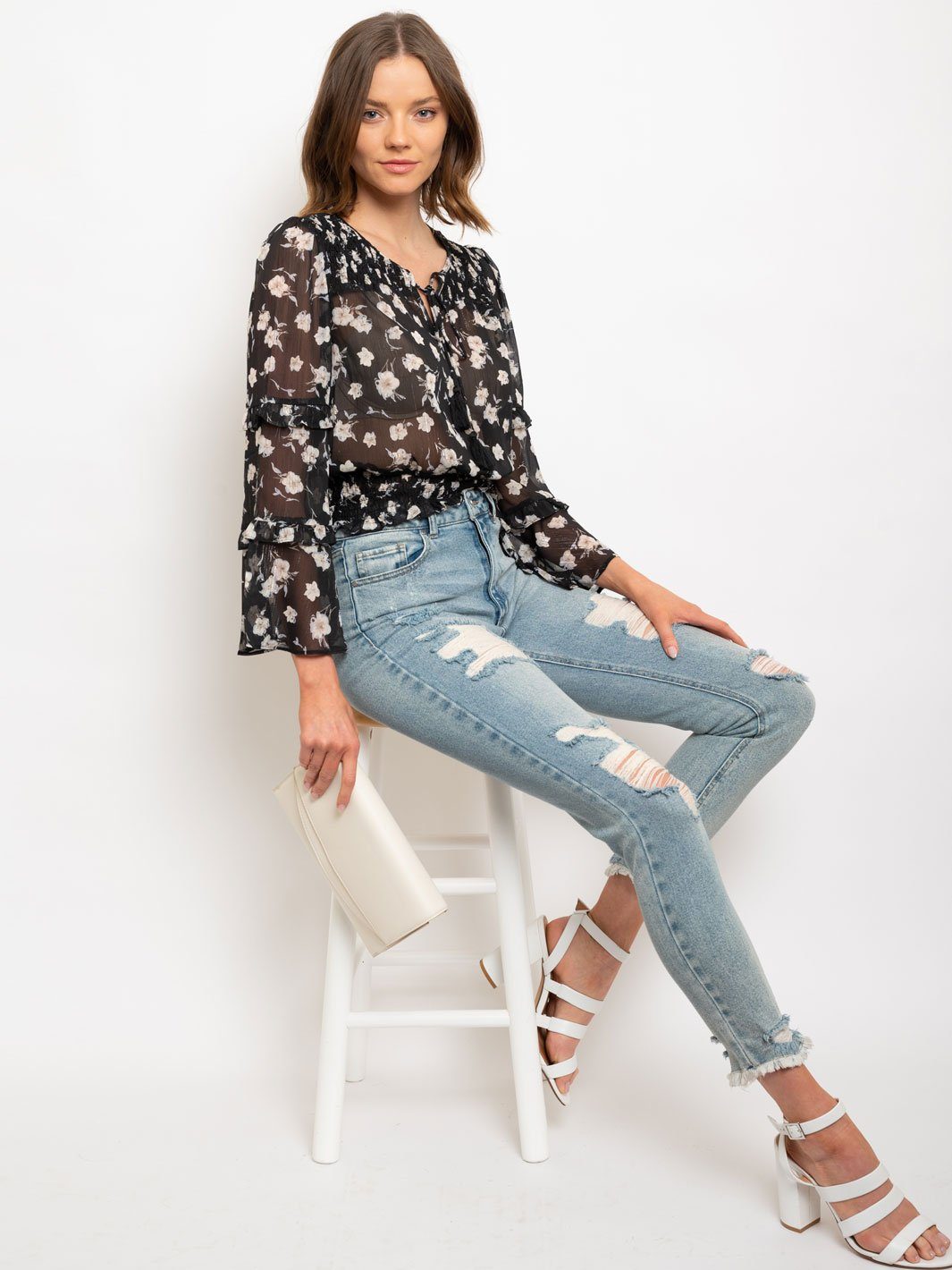 WOMEN'S LUREX CHIFFON PRINTED SMOCKING DETAILED TOP