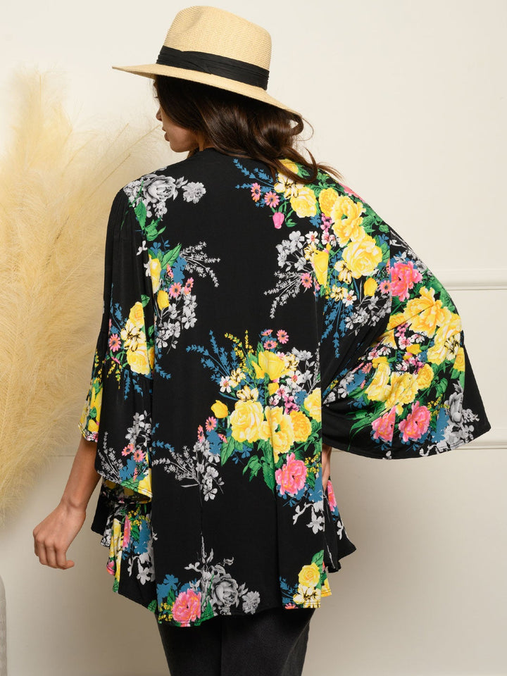 WOMEN'S 3/4 BELL SLEEVE OPEN FLORAL CARDIGAN