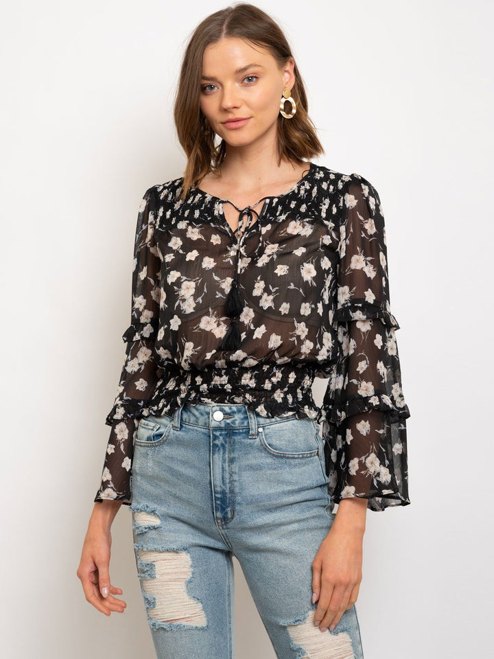 WOMEN'S LUREX CHIFFON PRINTED SMOCKING DETAILED TOP