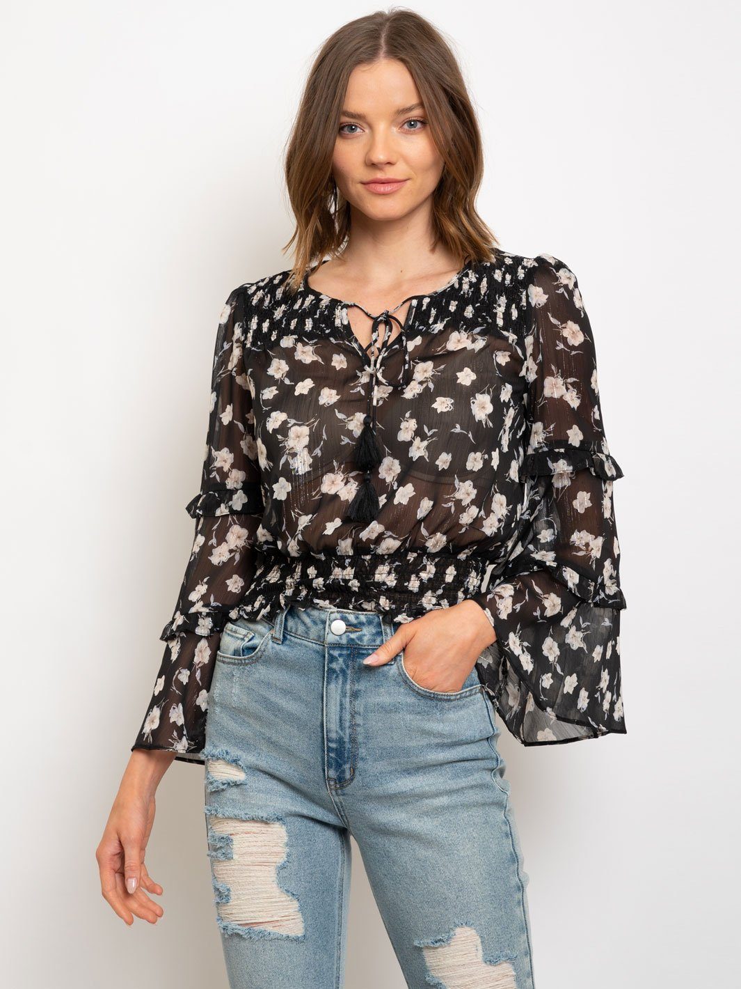 WOMEN'S LUREX CHIFFON PRINTED SMOCKING DETAILED TOP