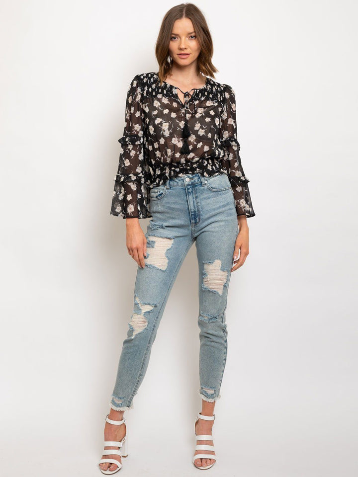 WOMEN'S LUREX CHIFFON PRINTED SMOCKING DETAILED TOP