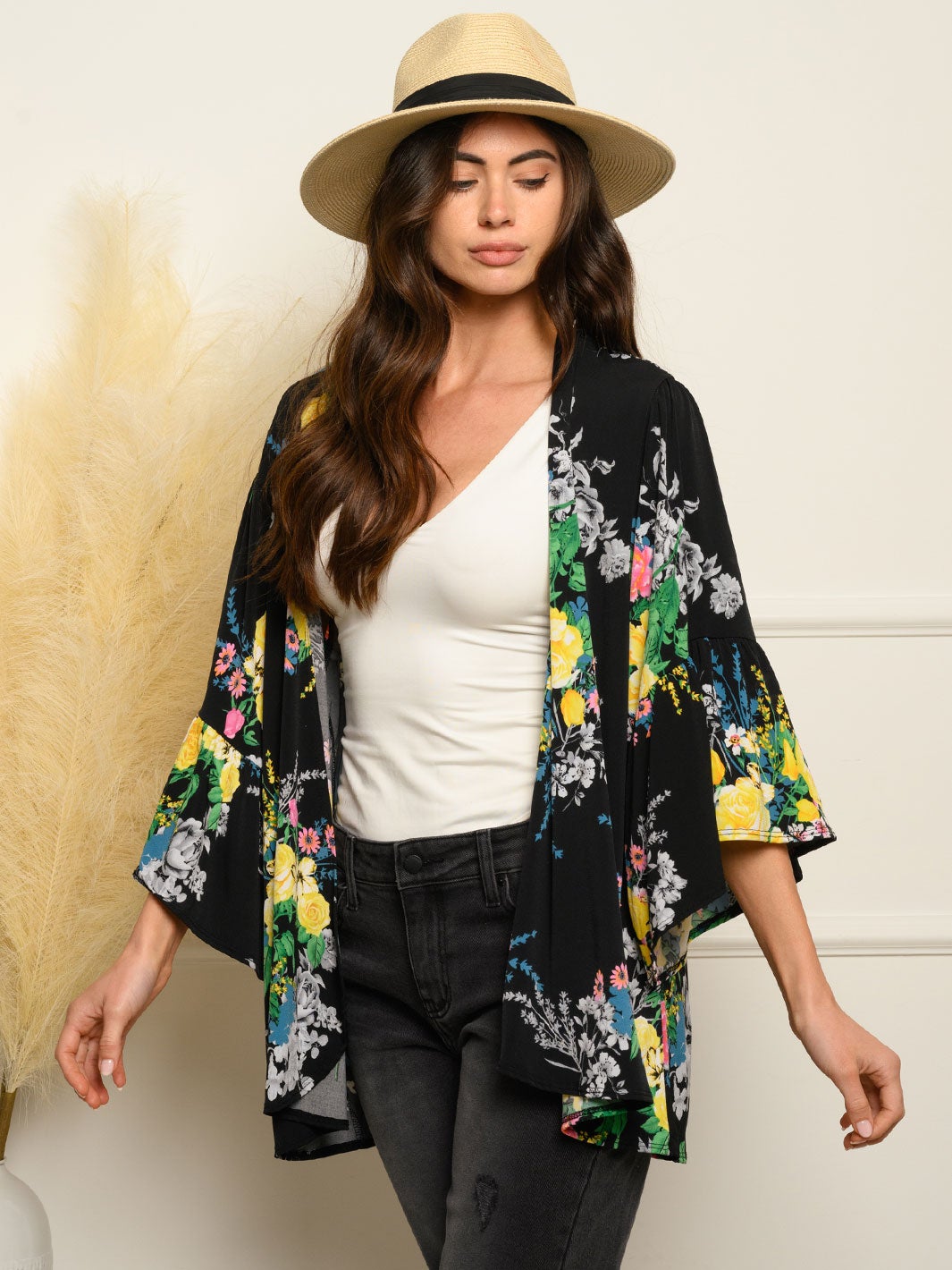WOMEN'S 3/4 BELL SLEEVE OPEN FLORAL CARDIGAN