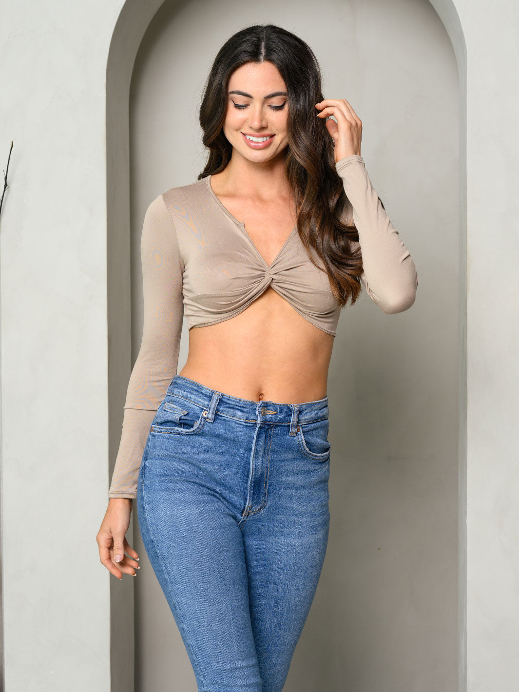 WOMEN'S LONG SLEEVE FRONT TWIST CROP TOP