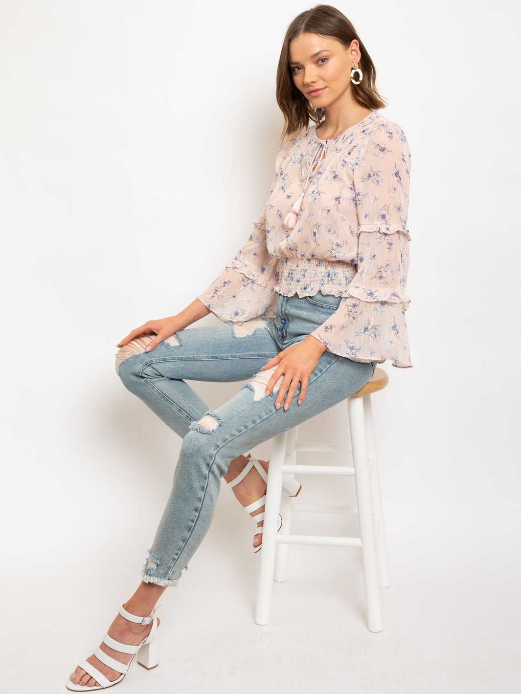 WOMEN'S LUREX CHIFFON PRINTED SMOCKING DETAILED TOP