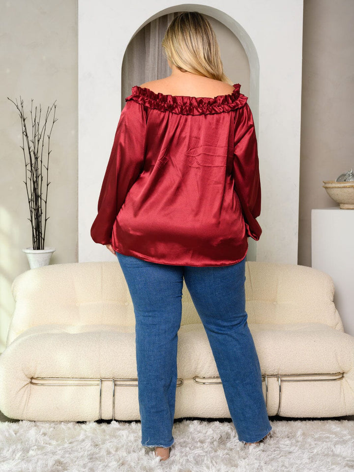 PLUS SIZE LONG SLEEVE OFF SHOULDER SATIN TOP