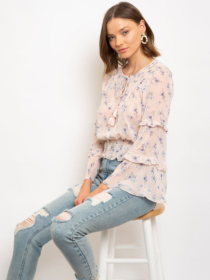 WOMEN'S LUREX CHIFFON PRINTED SMOCKING DETAILED TOP