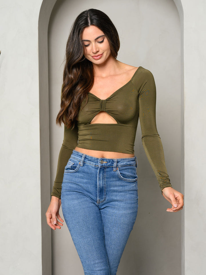 WOMEN'S LONG SLEEVE FRONT KNOT CUT OUT TOP