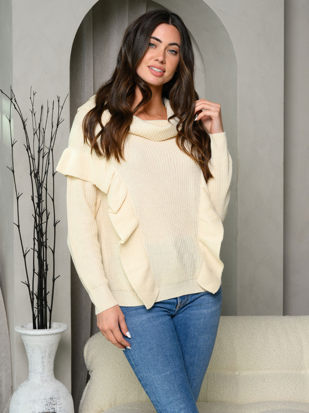 WOMEN'S LONG SLEEVE RUFFLE TURTLE NECK TOP