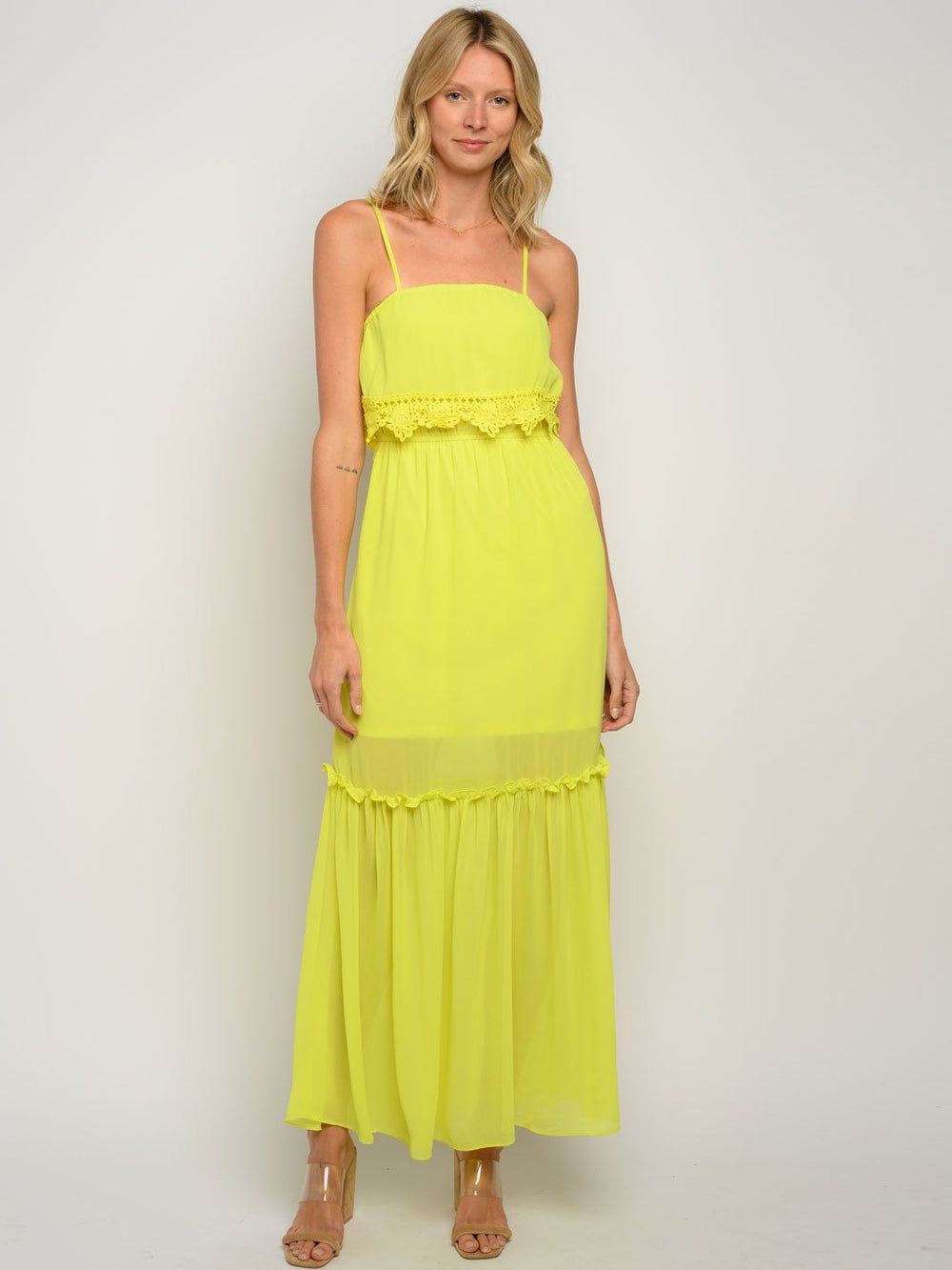 WOMEN'S RUFFLE CROCHET DETAIL MAXI DRESS