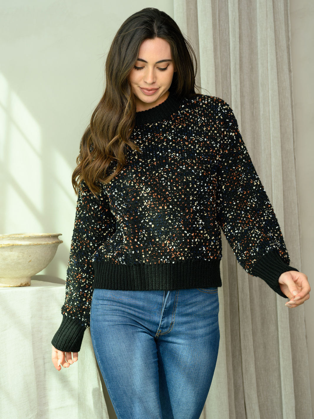 WOMEN'S LONG SLEEVE MULTI COLOR PRINT SWEATER