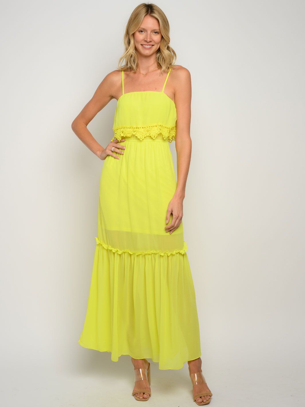 WOMEN'S RUFFLE CROCHET DETAIL MAXI DRESS
