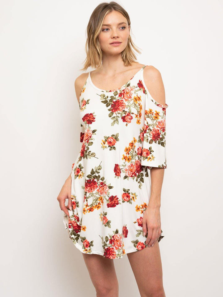 WOMEN'S COLD SHOULDER FLORAL MINI DRESS