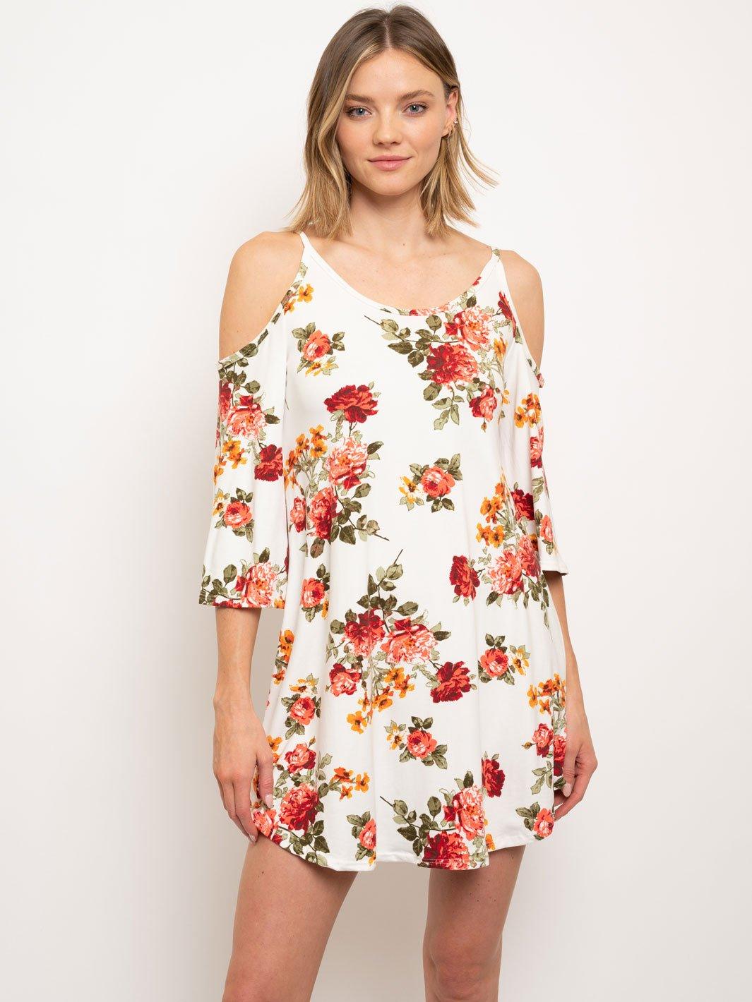 WOMEN'S COLD SHOULDER FLORAL MINI DRESS