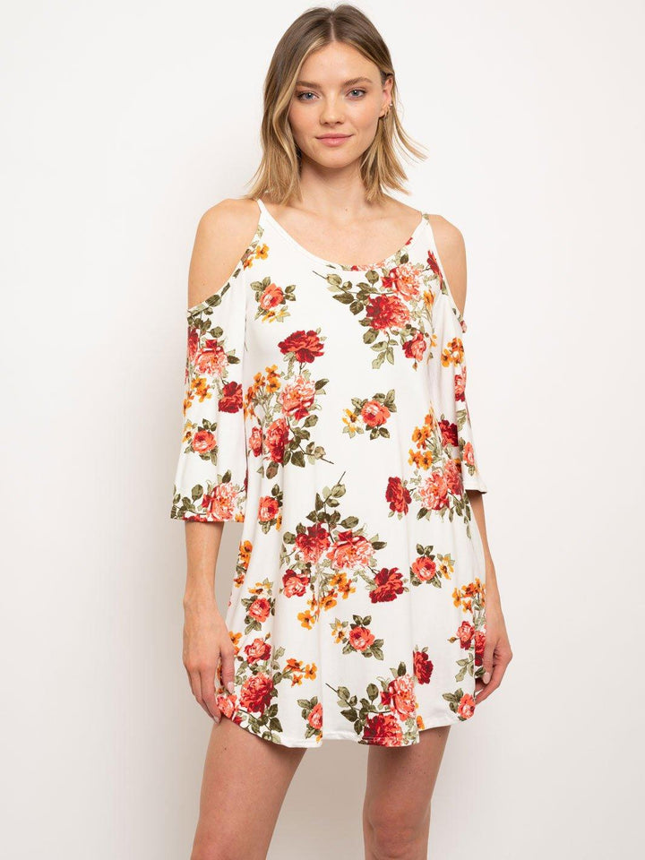 WOMEN'S COLD SHOULDER FLORAL MINI DRESS