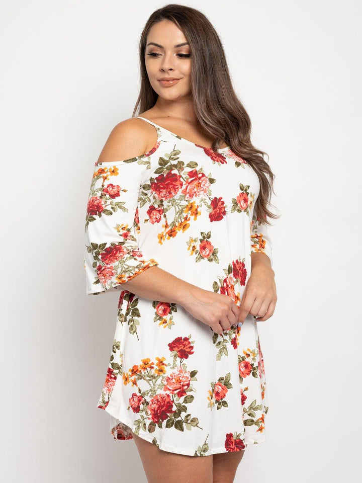 PLUS SIZE COLD SHOULDER FLORAL MINI DRESS