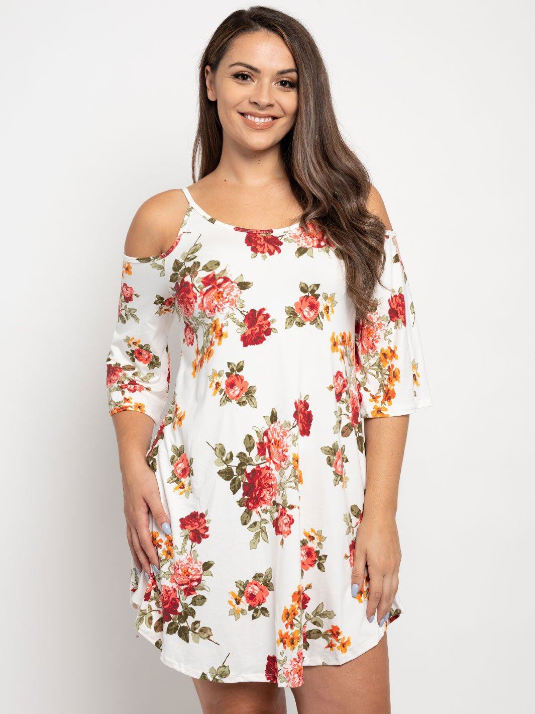 PLUS SIZE COLD SHOULDER FLORAL MINI DRESS