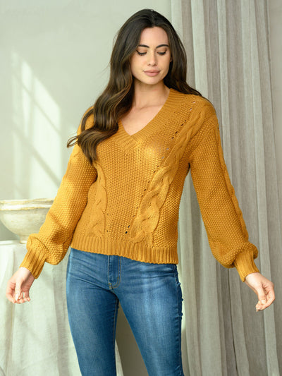 WOMEN'S LONG SLEEVE V-NECK CABLE KNIT SWEATER