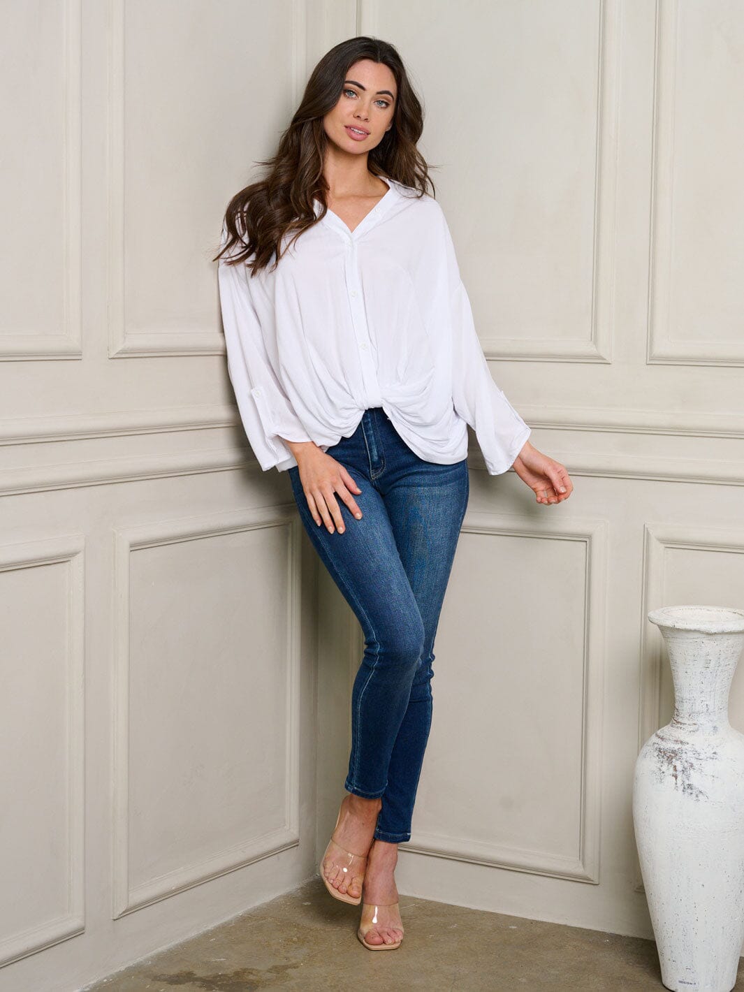 WOMEN'S LONG SLEEVE FRONT TWIST BUTTON UP TOP