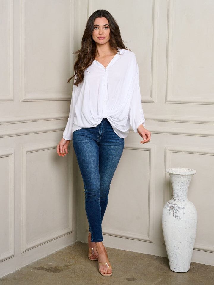 WOMEN'S LONG SLEEVE FRONT TWIST BUTTON UP TOP