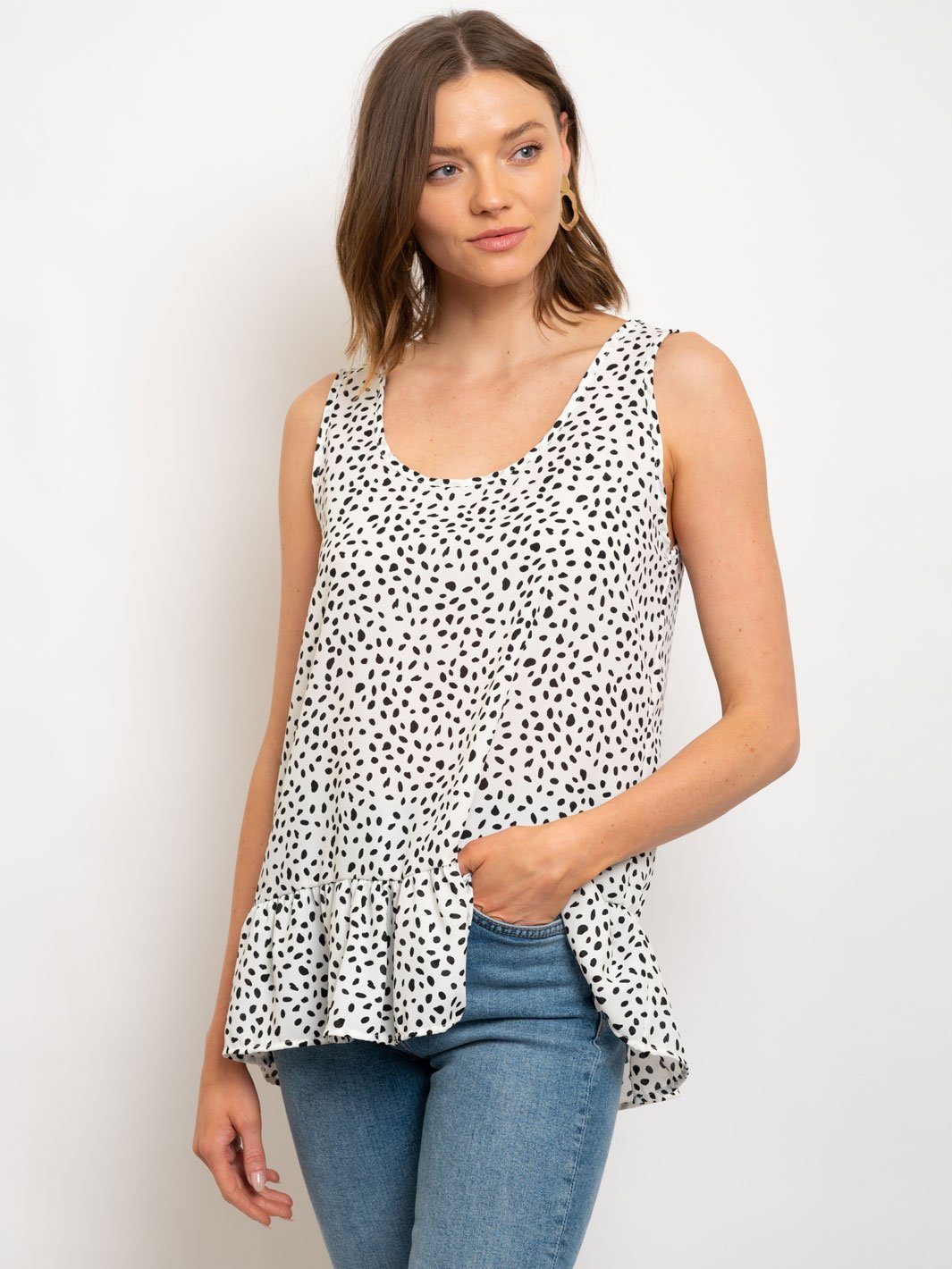 WOMEN'S SLEEVELES POLKA DOTS RUFFLE TOP