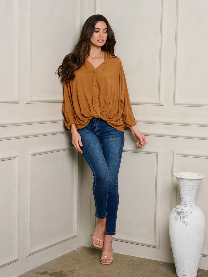 WOMEN'S LONG SLEEVE FRONT TWIST BUTTON UP TOP