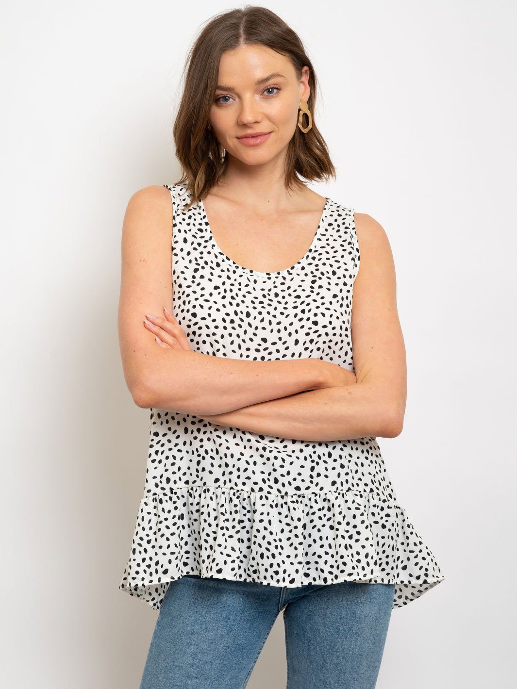 WOMEN'S SLEEVELES POLKA DOTS RUFFLE TOP