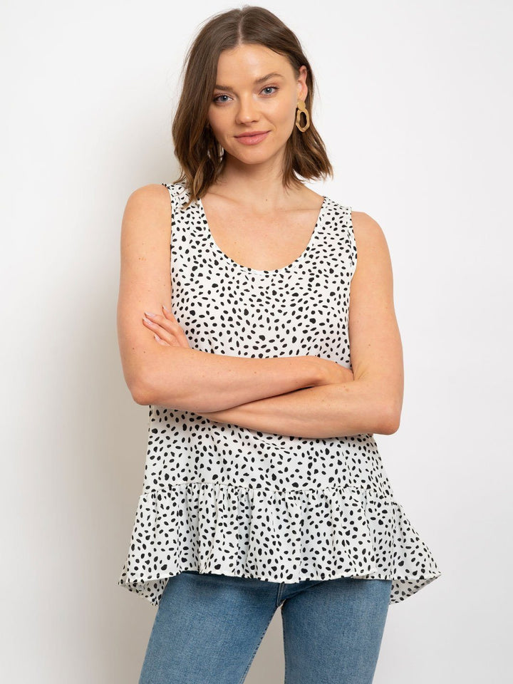 WOMEN'S SLEEVELES POLKA DOTS RUFFLE TOP
