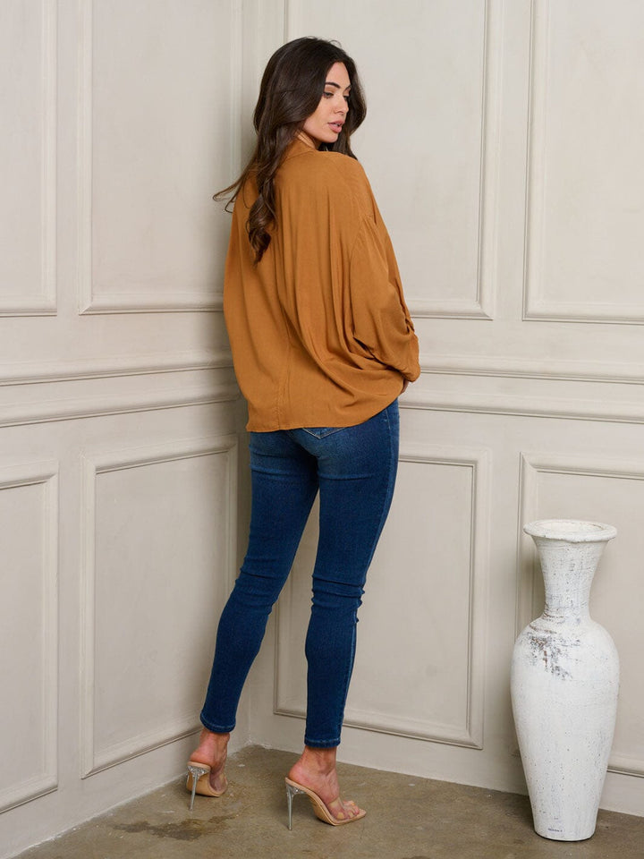WOMEN'S LONG SLEEVE FRONT TWIST BUTTON UP TOP