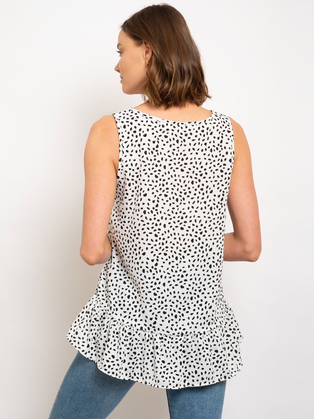 WOMEN'S SLEEVELES POLKA DOTS RUFFLE TOP