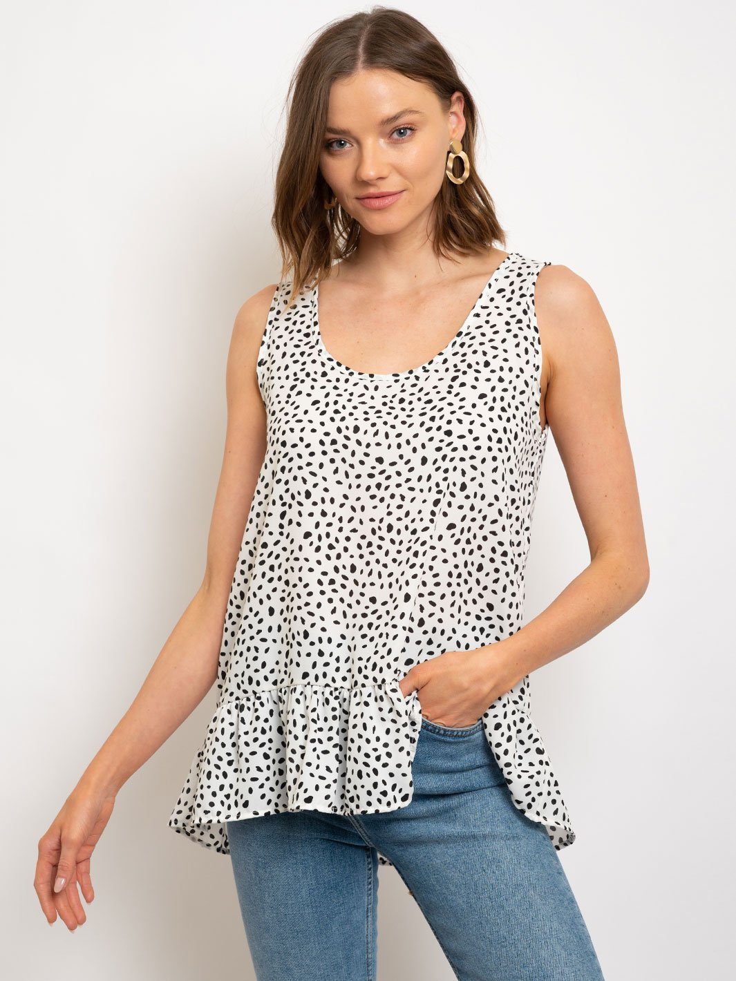 WOMEN'S SLEEVELES POLKA DOTS RUFFLE TOP
