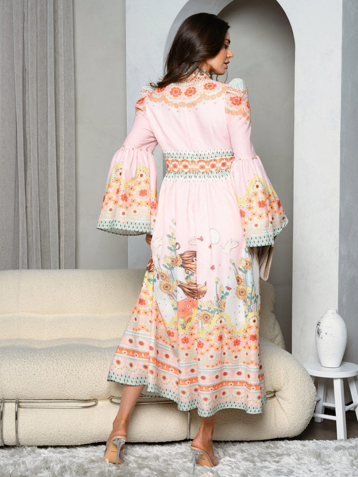 WOMEN'S LONG BELL SLEEVE MULTI PRINT MAXI DRESS