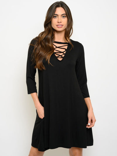 WOMEN'S 3/4 SLEEVES FRONT LACE UP DRESS