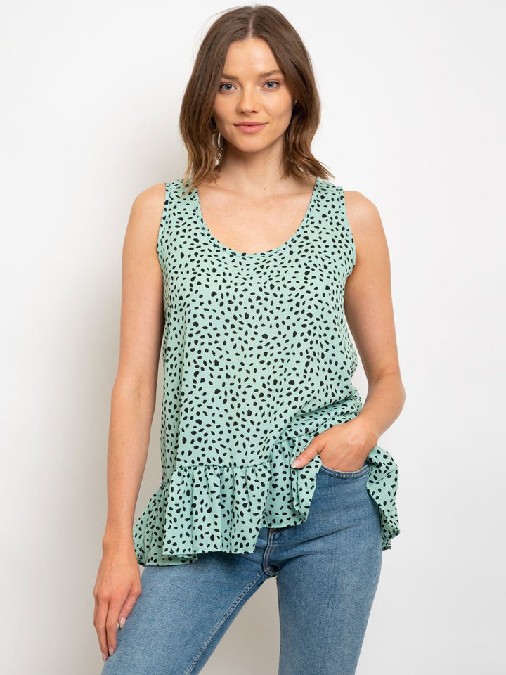 WOMEN'S SLEEVELES POLKA DOTS RUFFLE TOP