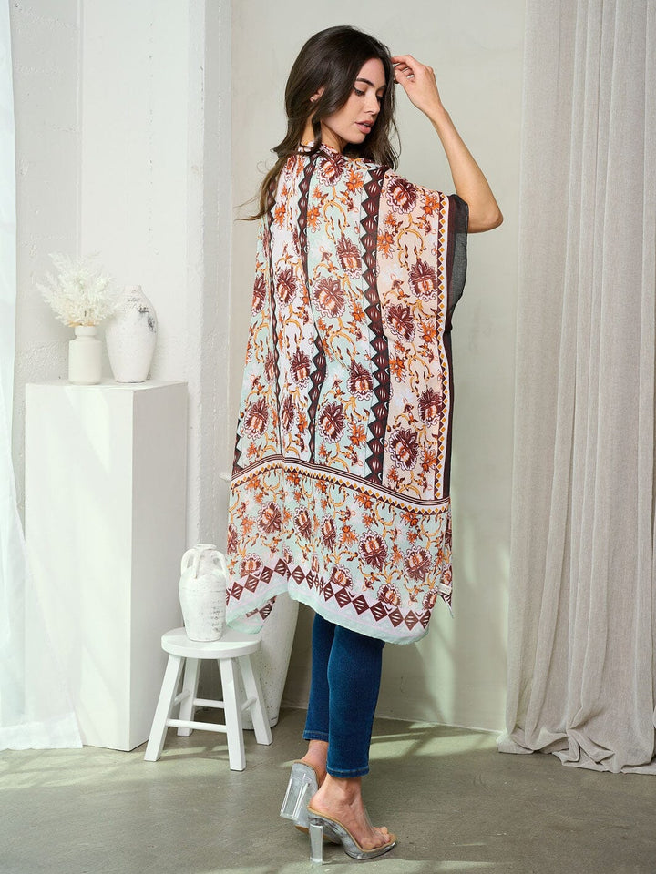 WOMEN'S SHORT SLEEVE OPEN FRONT FLOWERS PRINT KIMONO