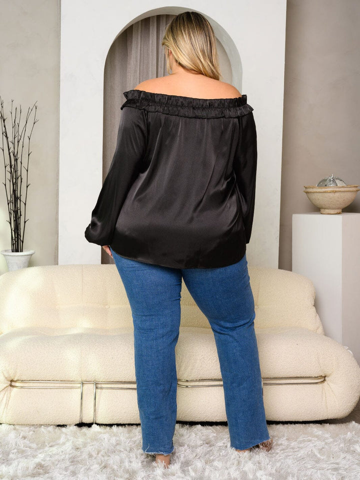 PLUS SIZE LONG SLEEVE OFF SHOULDER SATIN TOP