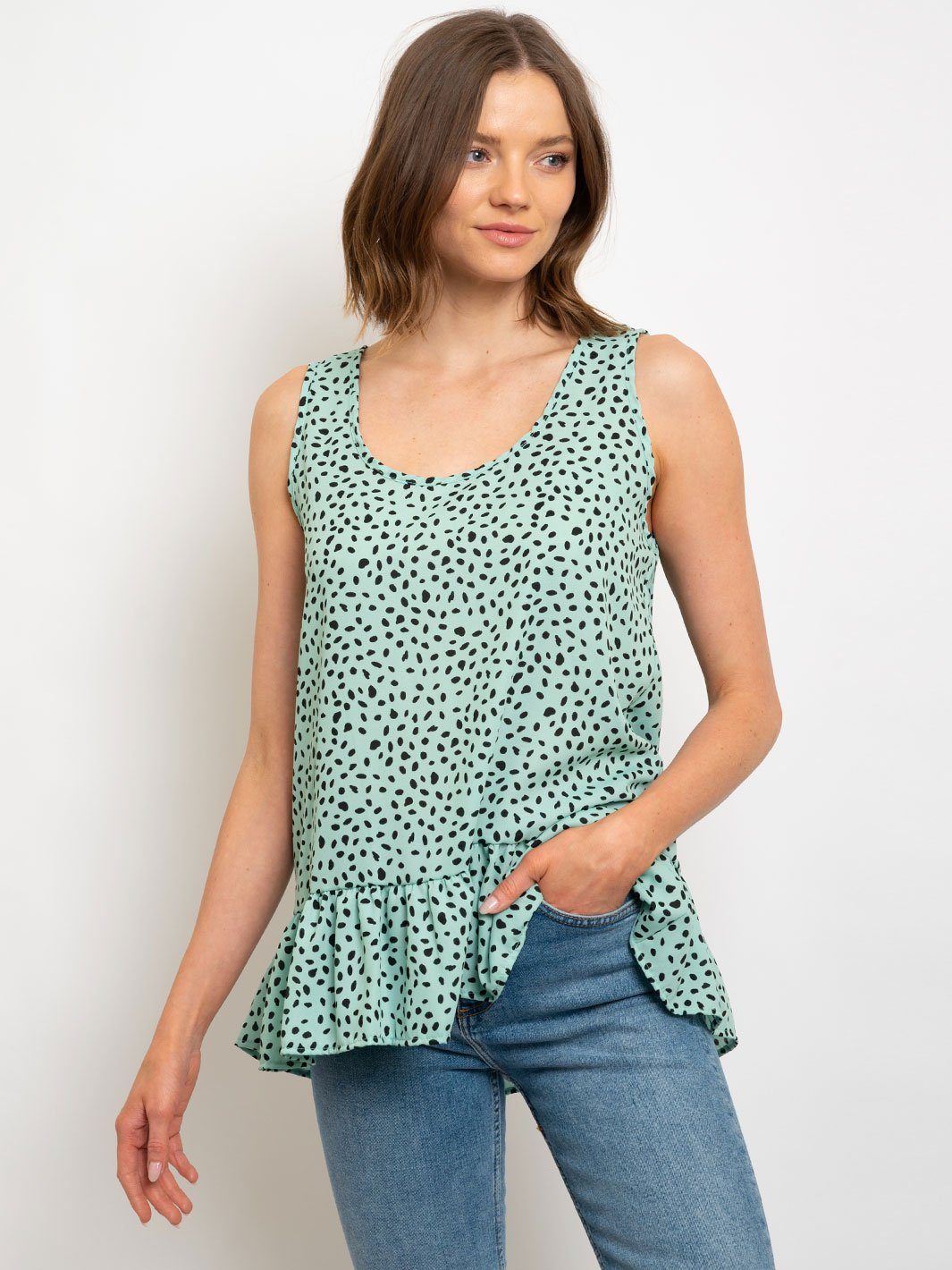 WOMEN'S SLEEVELES POLKA DOTS RUFFLE TOP