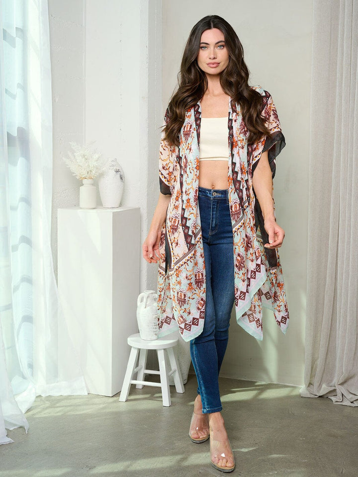 WOMEN'S SHORT SLEEVE OPEN FRONT FLOWERS PRINT KIMONO
