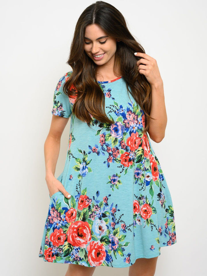 WOMEN'S SHORT SLEEVE FLORAL TUNIC MINI DRESS
